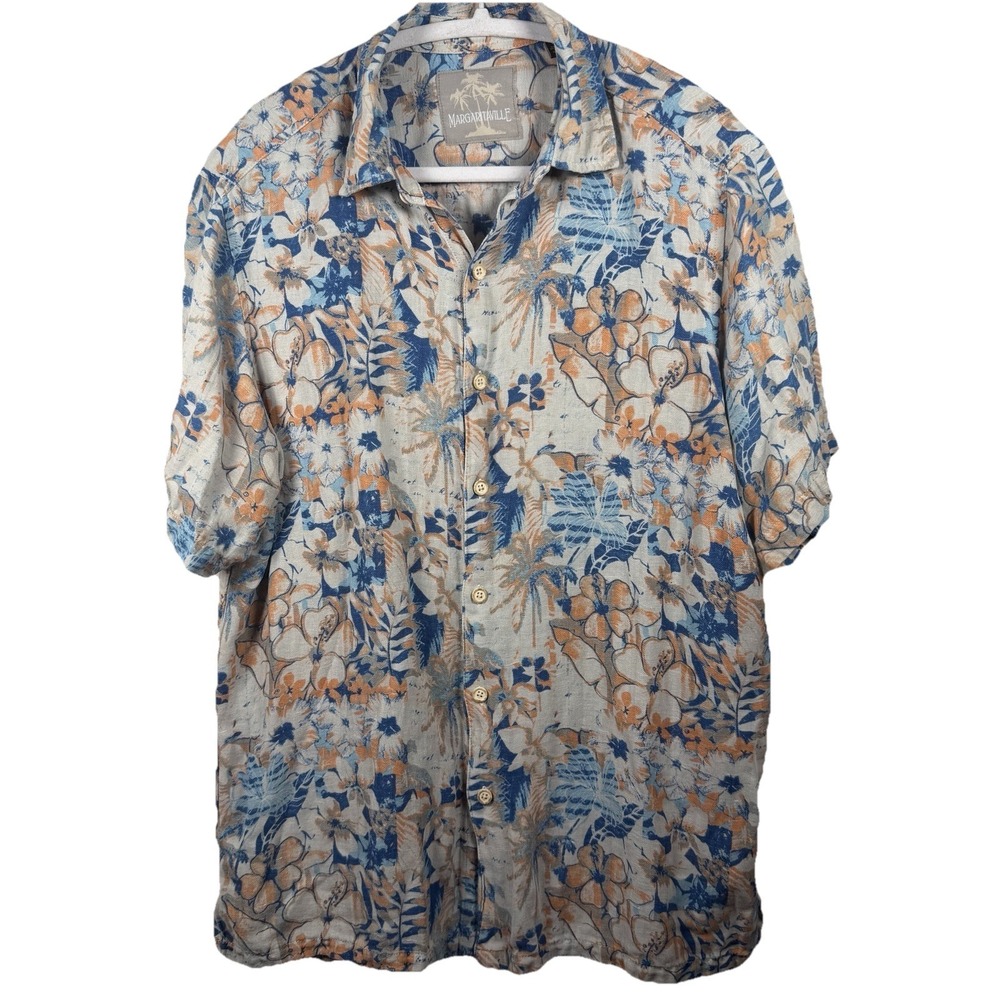 Margaritaville Linen/Silk Shirt Mens Large Button Up Hawaiian Tropical SS Resort